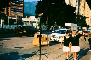 Hong Kong street, (someone else was setting up a photo shoot) with school girls I inadvertently got in the shot -- I was aiming at the buildings. Ektar 100 film